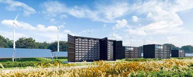 Battery storage containers beside solar panels and wind turbines
